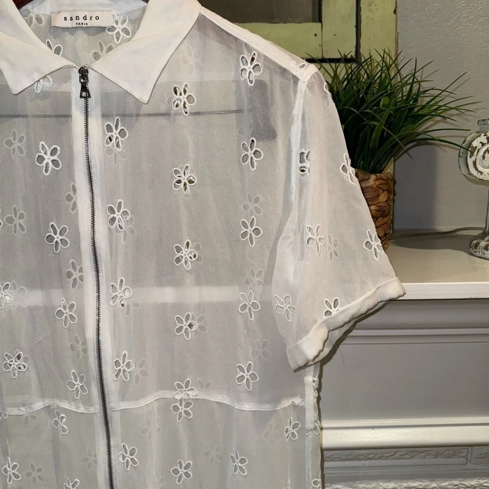 Sandro Ricarda White Eyelet Chiffon Zip Front Sheer Midi Dress Collared Small - Picture 4 of 11